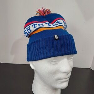 New Balance Hat‎ Beanie Knit Pom Mens One Size Blue Striped Abbott Dash 5K Run